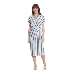 London Times blue/white Striped Faux Wrap Collar V-Neck Midi Dress size 12 NWT